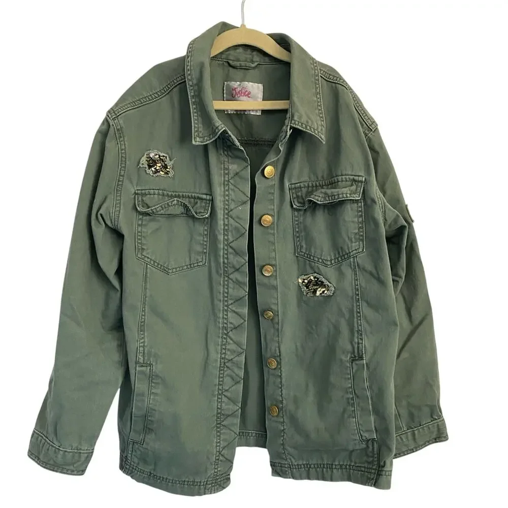 Justice Girls Olive Green Utility Style Jacket Size 14